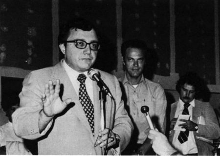 Image of Rep. John LaFalce speaking to reporters